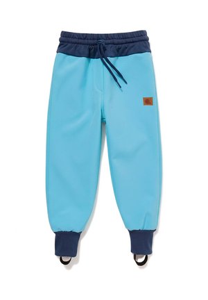 Jasnoniebieskie dziecięce spodnie z granatowym elastycznym paskiem w talii i mankietami, sznurkiem do ściągania oraz paskami na stopy przy kostkach.