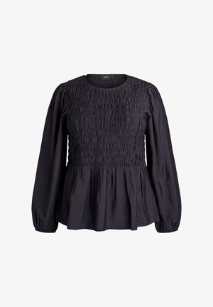 Schwarze Bluse mit langen Ärmeln, gerafftem Oberteil, rundem Ausschnitt, lockerer Passform an den Hüften und gerafften Manschetten an den Ärmeln.