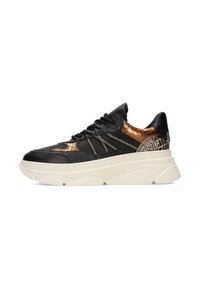 Black sneakers with a textured finish and bronze accents, featuring a chunky white sole and a lace-up design with decorative stitching.