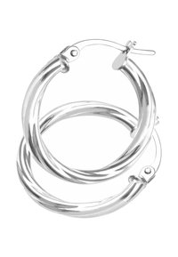 Pendientes de aro plateados con diseño retorcido, acabado pulido y cierre seguro. Forma circular con textura suave y sin adornos decorativos.