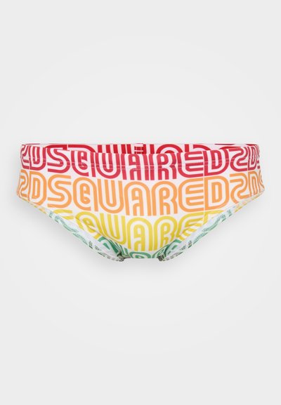 Tiefe Badebriefe mit einem mehrfarbigen Verlaufdesign, das wiederholt den Text "DSQUARED2" in Rot, Orange, Gelb und Grün zeigt.