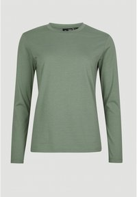 Maglietta a maniche lunghe con collo rotondo in verde oliva. Realizzata in tessuto morbido con una superficie liscia. Caratterizzata da un design semplice, senza motivi o decorazioni.