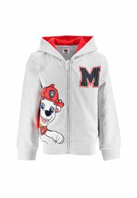 Grauer Reißverschluss-Hoodie mit einem Cartoon-Charakter auf der Vorderseite, roten Akzenten an der Kapuze und einem großen Buchstaben "M" in Schwarz und Rot.