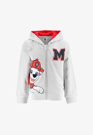 Gray zip-up hoodie featuring a cartoon character on the front, red accents in the hood, and a large letter "M" in black and red.