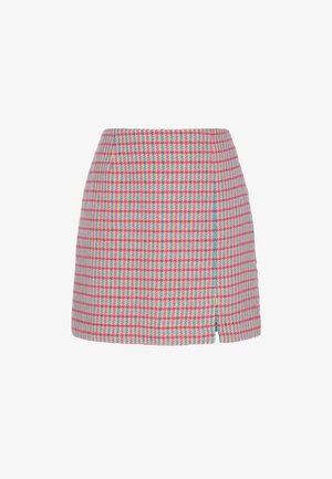Checkered skirt in pink, blue, and beige; features a straight cut, small front slit, and textured woven fabric.