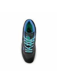 Black athletic shoe with synthetic upper, blue laces, and green accents. Features a padded collar and raised stitching along the sides.