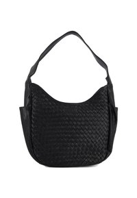 Schwarze Leder-Schultertasche mit gewebtem Vorderteil, geräumigem Hauptfach und breitem Einzelriemen.