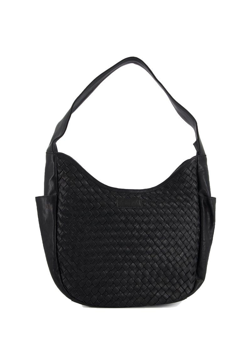 Schwarze Leder-Schultertasche mit gewebtem Vorderteil, geräumigem Hauptfach und breitem Einzelriemen.