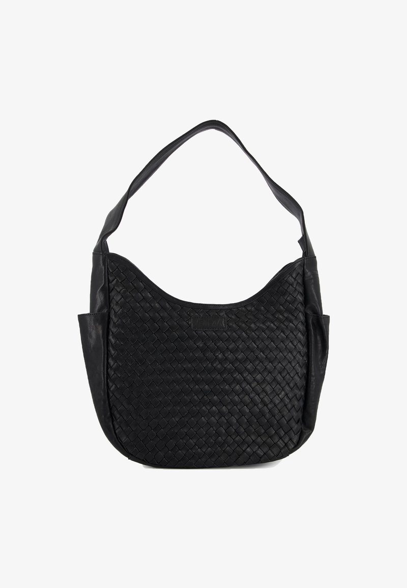 Schwarze Leder-Schultertasche mit gewebtem Vorderteil, geräumigem Hauptfach und breitem Einzelriemen.
