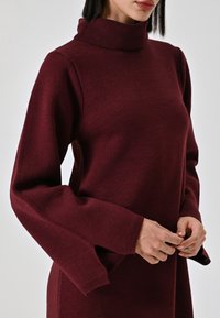 Maglione a collo alto bordeaux con maniche lunghe e polsini larghi, realizzato in un morbido tessuto in maglia, che presenta un design semplice e pulito.