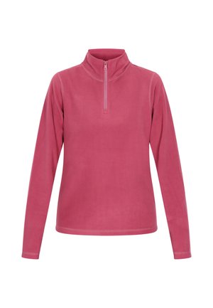 Fleece pullover in het roze met een halve rits kraag, lange mouwen en flatlock stiksels. Zachte, gladde textuur met een eenvoudig ontwerp.