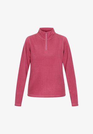 Fleece pullover i pink med halv-zip krave, lange ærmer og flatlock syninger. Blød, glat tekstur med et enkelt design.