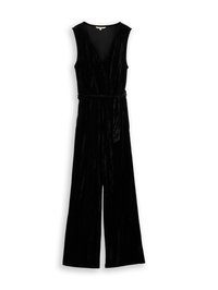 Zwarte fluwelen jumpsuit met een V-hals, mouwloos ontwerp, wijde pijpen en een ceintuur in de taille voor een gevormde pasvorm. Zachte, gestructureerde stof.