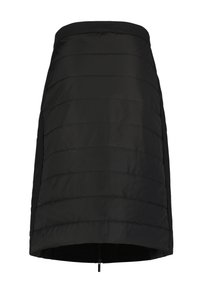 Falda acolchada negra con una textura suave, que presenta líneas de acolchado horizontales y un diseño recto, terminada con una cremallera en el dobladillo.