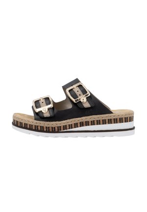 Sandales noires à glissière avec deux boucles en métal, une semelle intermédiaire en jute tressé et une plateforme rayée. Surface texturée et semelle intérieure rembourrée.