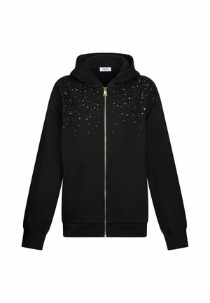 Black zip-up hoodie featuring a hood and adorned with sparkling rhinestones on the upper front, highlighting its stylish design.