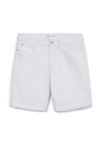 Shorts in denim bianco con un classico design a cinque tasche, chiusura frontale con bottone e zip, e orli arrotolati. Tessuto liscio, vestibilità casual.