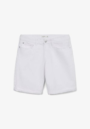 Shorts in denim bianco con un classico design a cinque tasche, chiusura frontale con bottone e zip, e orli arrotolati. Tessuto liscio, vestibilità casual.