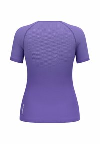 Short-sleeve purple athletic shirt with a textured, breathable design featuring small hexagonal patterns; fitted shape, smooth fabric, and subtle branding.