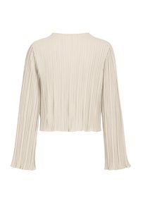 Cropped long-sleeve top in light beige, featuring vertical pleats and a rounded neckline. Soft fabric with a textured surface.