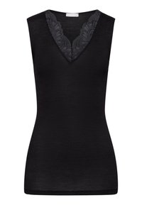 Schwarzes ärmelloses Top mit V-Ausschnitt und Spitzenbesatz. Der Stoff ist gerippt, hat eine weiche Textur, eine figurbetonte Passform und ist schlicht ohne zusätzliche Muster.