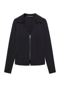 Black blazer jacket with a zip front closure, slim fit, structured shoulders, long sleeves, and a smooth, textured fabric.