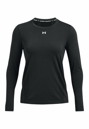 Black long-sleeve athletic shirt made of smooth fabric. Features a round neckline with an Under Armour logo printed at the collar.