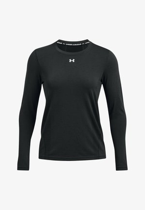 Black long-sleeve athletic shirt made of smooth fabric. Features a round neckline with an Under Armour logo printed at the collar.