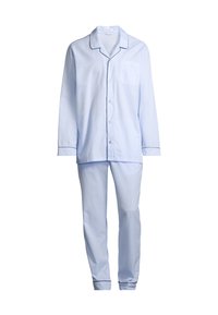 Vaaleansininen puuvillapyjama-asusetti, jossa on pitkät hihat, nappikiinnitys edessä, tasku ja kontrastivärinen pikee kauluksessa ja hihoissa; suoralahkeiset housut.