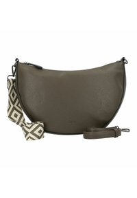 Bolso de cuero verde oliva con una silueta curva, que presenta una correa ajustable con patrón y una correa lisa desmontable.