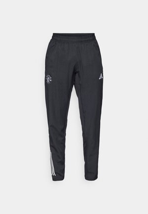 Sorte atletiske bukser med elastisk talje, broderet logo på låret og hvide striber, der løber ned ad siderne.