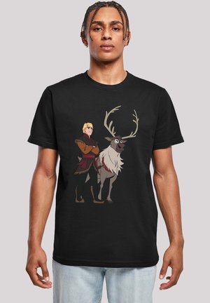 Black t-shirt featuring a cartoon character with blond hair and a reindeer, both in vibrant colors with detailed features.