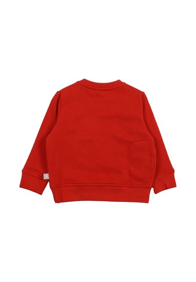 Czerwona, długorękawowa bluzka dla małego dziecka z ribbedowymi mankietami, okrągłym dekoltem oraz małą naszywką przyszytą blisko dolnej krawędzi z tyłu.