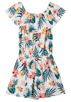 Floraler Jumpsuit mit weißem Hintergrund, pinken und gelben Blumen, grünen Blättern, schulterfreiem Design und elastischem Taillenbund.