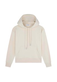 Crème-kleurige hoodie gemaakt van zachte stof, met een trekkoordkap, een voorzak en ribgebreide boorden en zoom. Geen patronen of accenten.