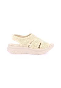 Sandal beige con design perforato, punta aperta e cinturino sul tallone. Caratterizzato da una suola piattaforma spessa e testurizzata per comfort e supporto.