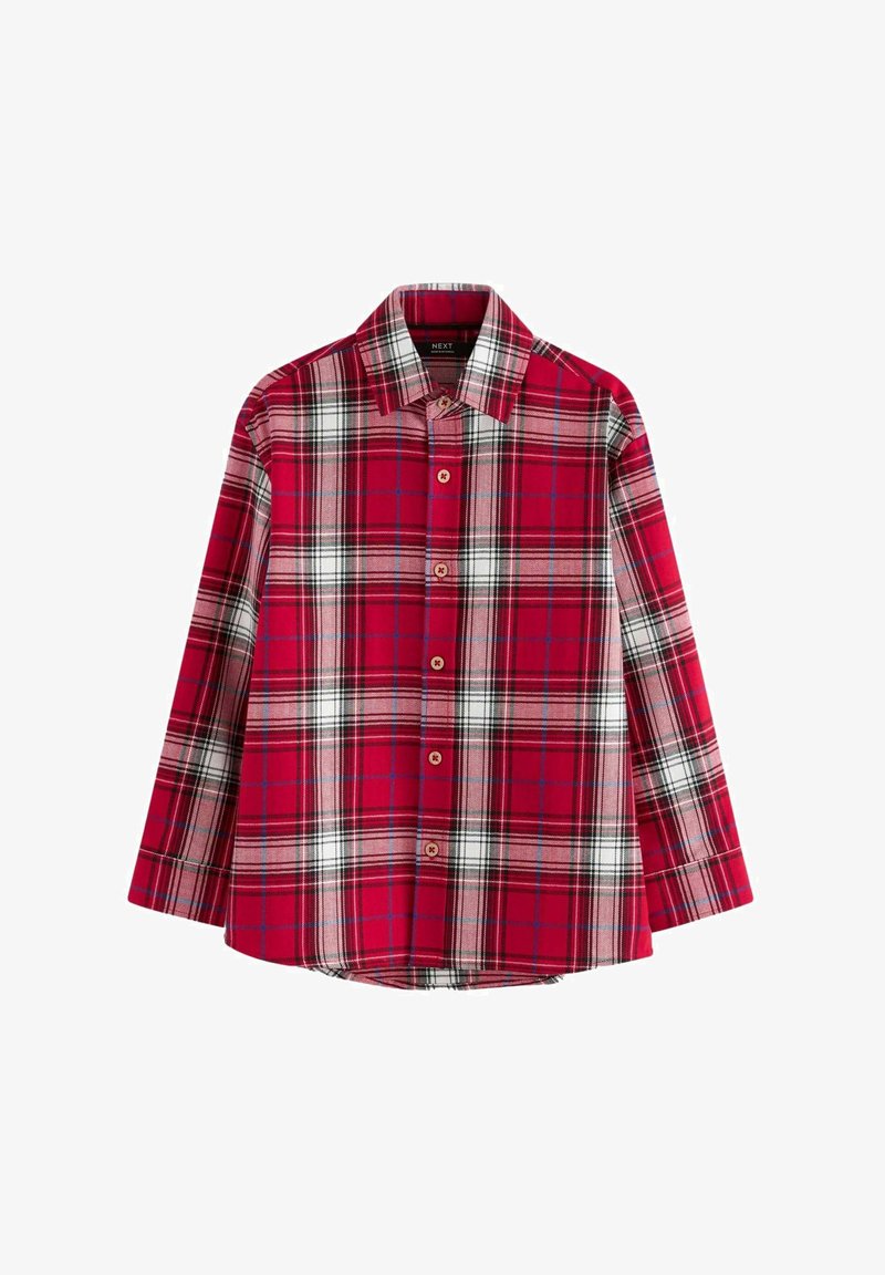 Chemise à carreaux rouges en coton, avec un col boutonné, des manches longues et un devant à boutons, ornée de détails contrastants noirs et blancs.