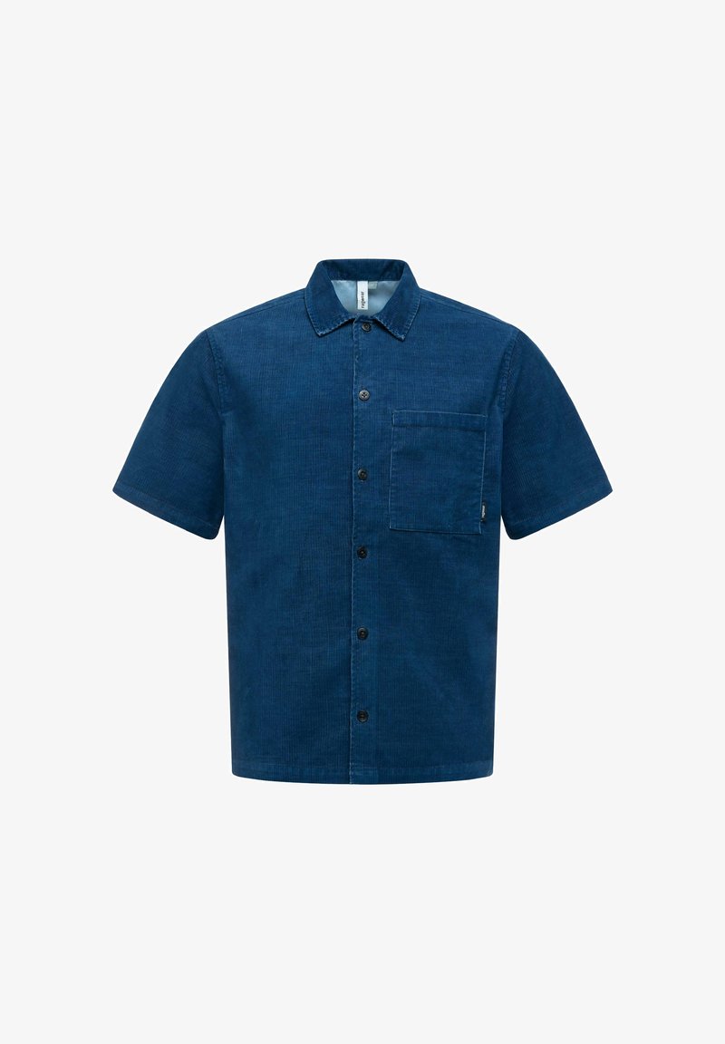 Camicia da uomo in velluto a coste blu, a maniche corte, con bottoni, colletto e una singola tasca sul petto sul lato sinistro.