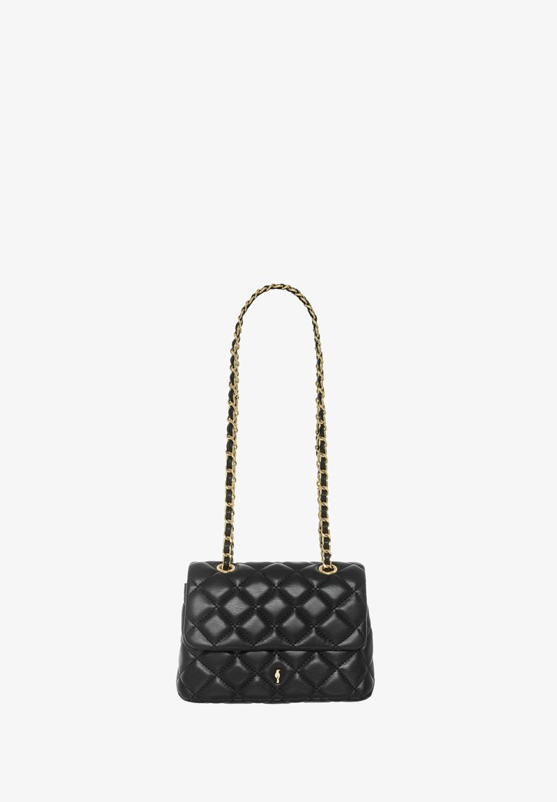 Czarna pikowana skórzana torebka z złotym łańcuszkiem, prostokątny kształt i zapięcie na klapkę. Posiada wyraźny detal z logo z przodu.