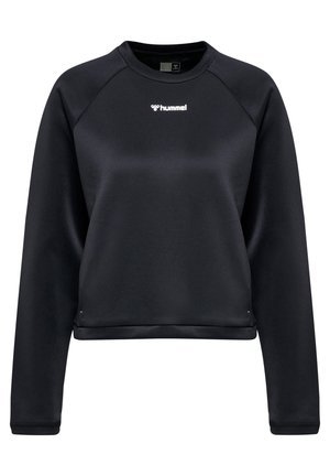 Sort sweatshirt med rund halsudskæring, lange raglanærmer og flad bund. Har et hvidt logo på brystet. Lavet af glat, strækbart stof.