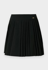 Zwarte geplooide rok met een gladde tailleband en een ritssluiting aan de zijkant. Gemaakt van zachte stof, met strakke plooien voor een gestructureerde uitstraling.