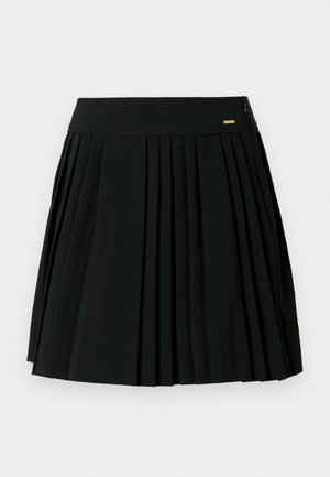 Zwarte geplooide rok met een gladde tailleband en een ritssluiting aan de zijkant. Gemaakt van zachte stof, met strakke plooien voor een gestructureerde uitstraling.