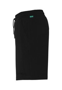 Zwarte sportshorts van zacht materiaal, uitgerust met een elastische tailleband met een trekkoord, zijzakken en een geborduurd logo aan de zoom.