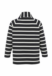 Haut à manches longues en rayures horizontales bleu marine et blanches, avec un col replié et un tissu doux en mélange de coton, présentant un ourlet droit.