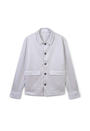 Light gray button-up jacket with a classic collar, long sleeves, two front pockets, and black buttons. Smooth texture, minimal design.