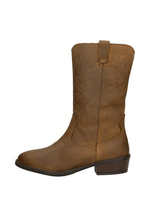 Botte de cowboy en cuir marron avec une hauteur jusqu'au mollet, des coutures décoratives, un bout légèrement pointu et un petit talon carré.