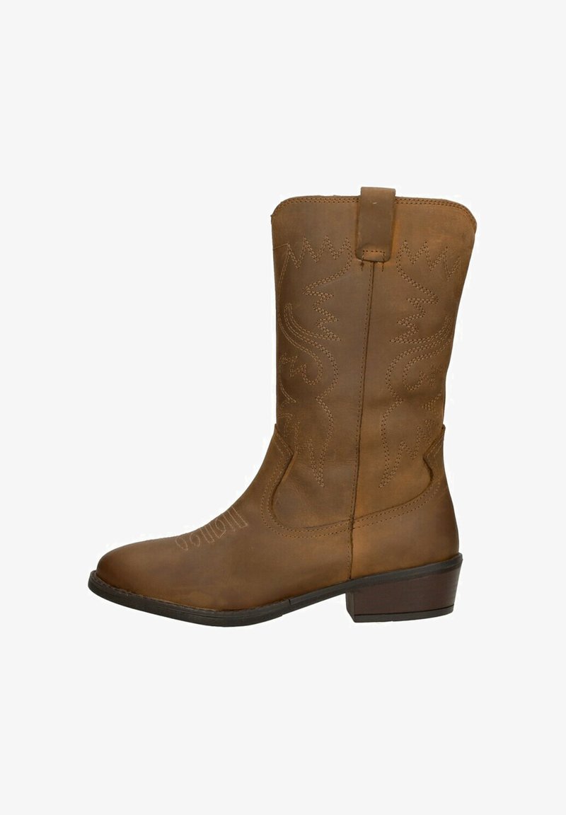 Bruine leren cowboylaars met een hoogte tot halverwege de kuit, decoratieve stiksels, een iets puntige neus en een lage blokhak.