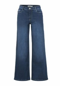Wijd uitgesneden denim broek in donkerblauw, met een knoopsluiting, vijf zakken en contrasterende stiksels voor extra detail.