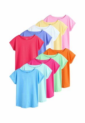Neun kurzärmelige T-Shirts mit Rundhalsausschnitt in Pink, Gelb, Weiß, Blau, Rot, Orange, Mint und Lila, die in überlappenden Reihen angeordnet sind.