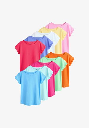 Neun kurzärmelige T-Shirts mit Rundhalsausschnitt in Pink, Gelb, Weiß, Blau, Rot, Orange, Mint und Lila, die in überlappenden Reihen angeordnet sind.